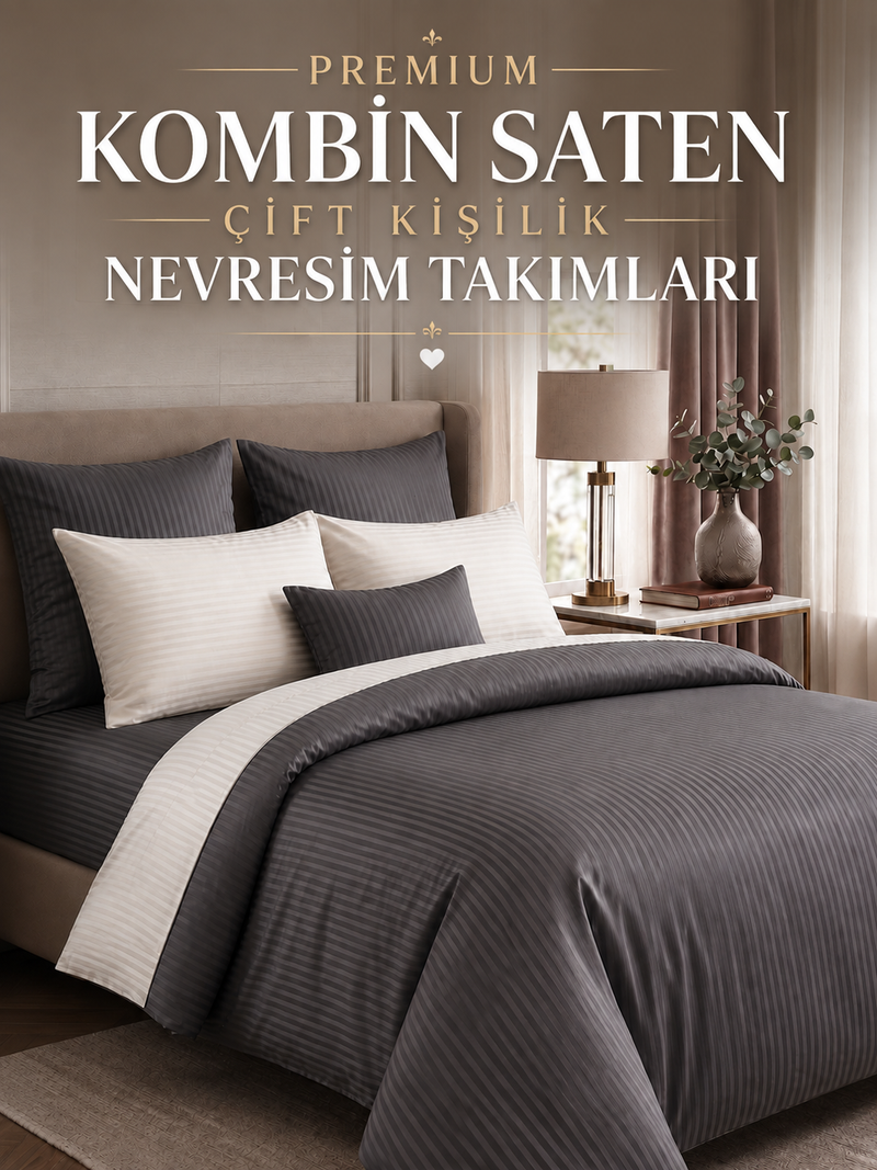 Premium Kombin Çift Taraflı Saten Çift Kişilik Nevresim Takımları