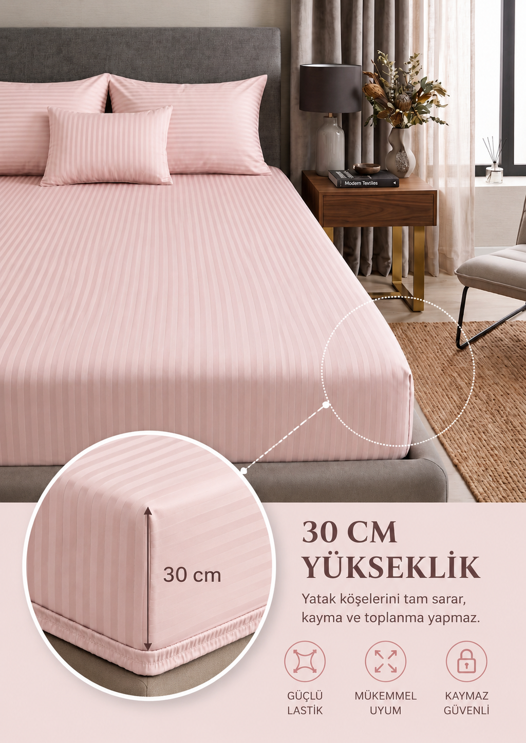 Premium Saten Çift Kişilik Pamuklu  Lastikli Çarşaf + 2 Adet Yastık Kılıfı Seti