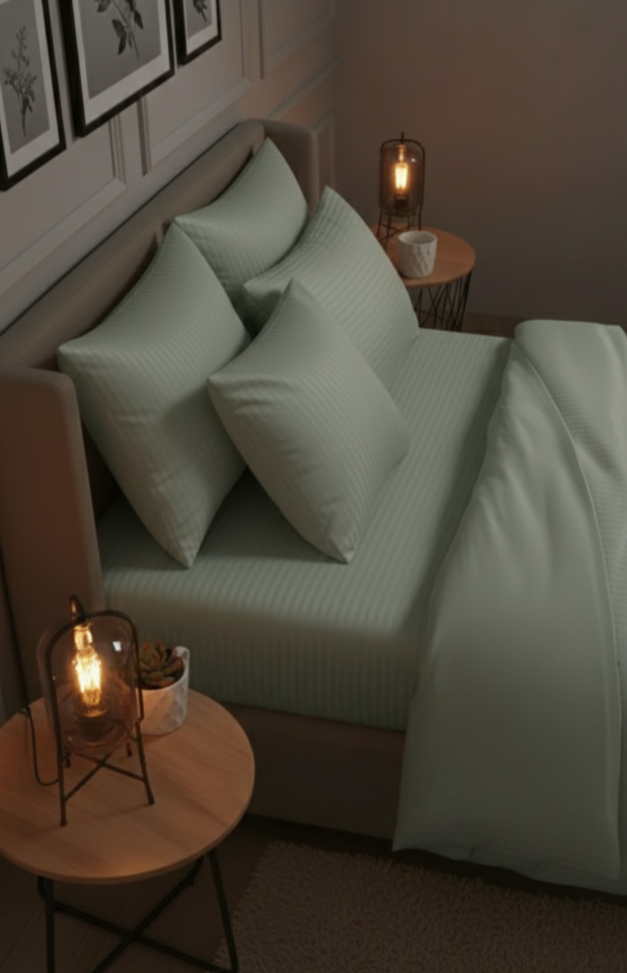 Yeşil Özel Renk Saten Çift Kişilik Lastikli Çarşaflı Nevresim Takımı –  Yumuşak Dokulu