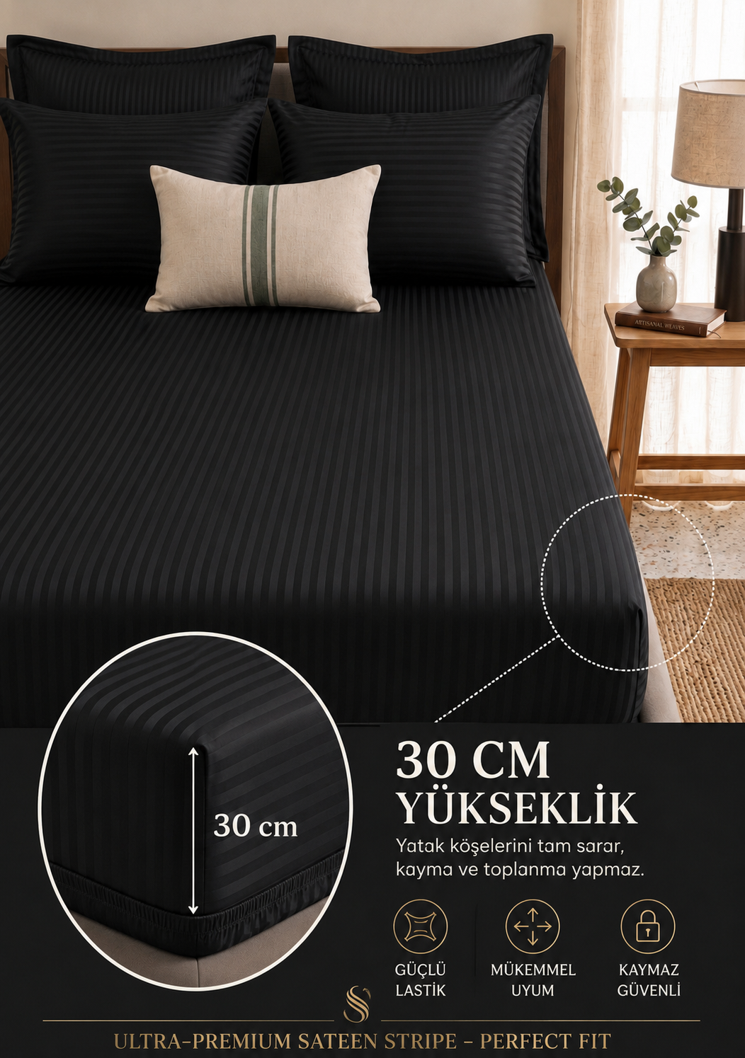 Premium Saten Pamuklu  Çift Kişilik Lastikli Çarşaf + 2 Adet Yastık Kılıfı Seti Siyah