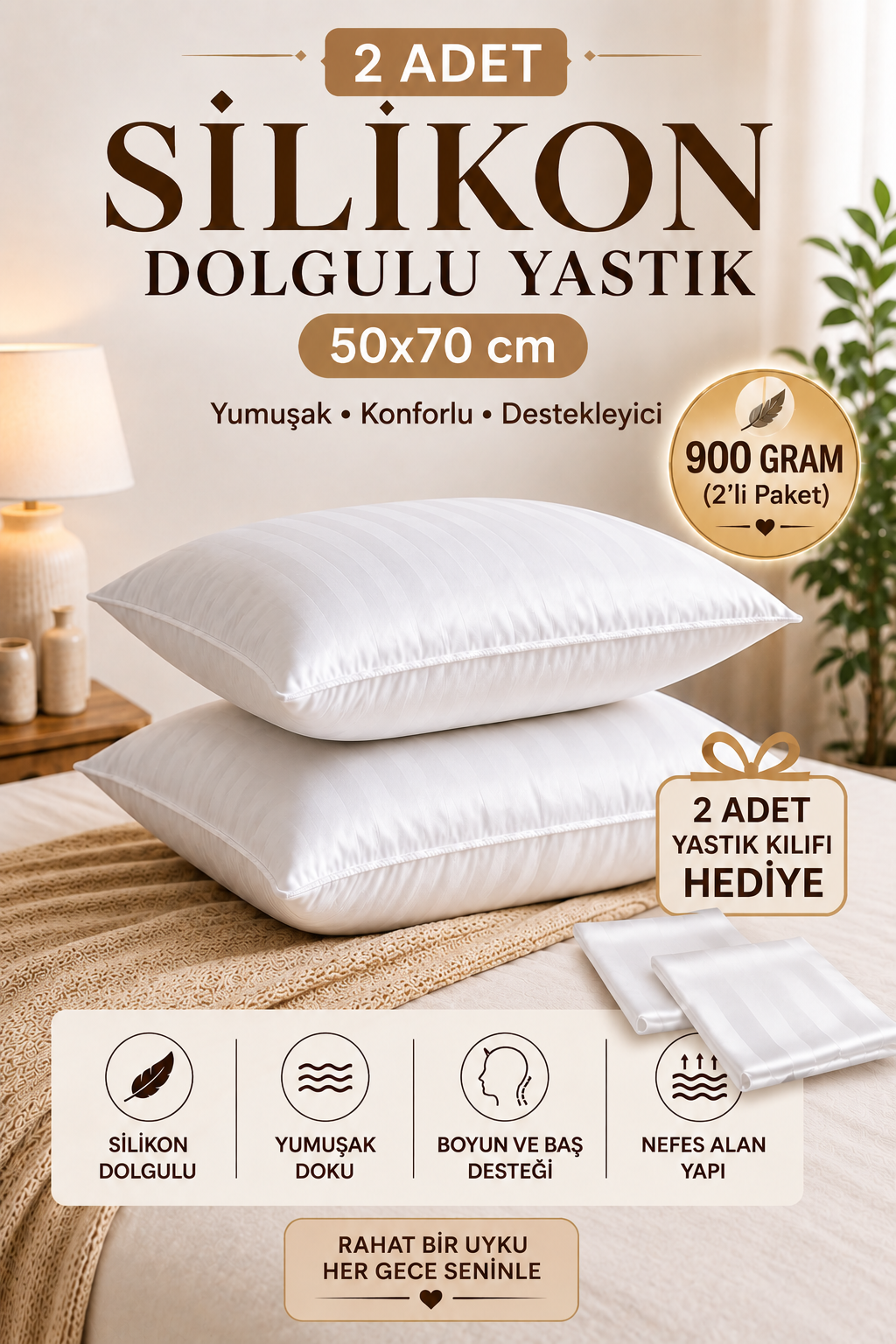 2’Lİ SİLİKON DOLGULU YASTIK + 2 ADET SATEN YASTIK KILIFI HEDİYE