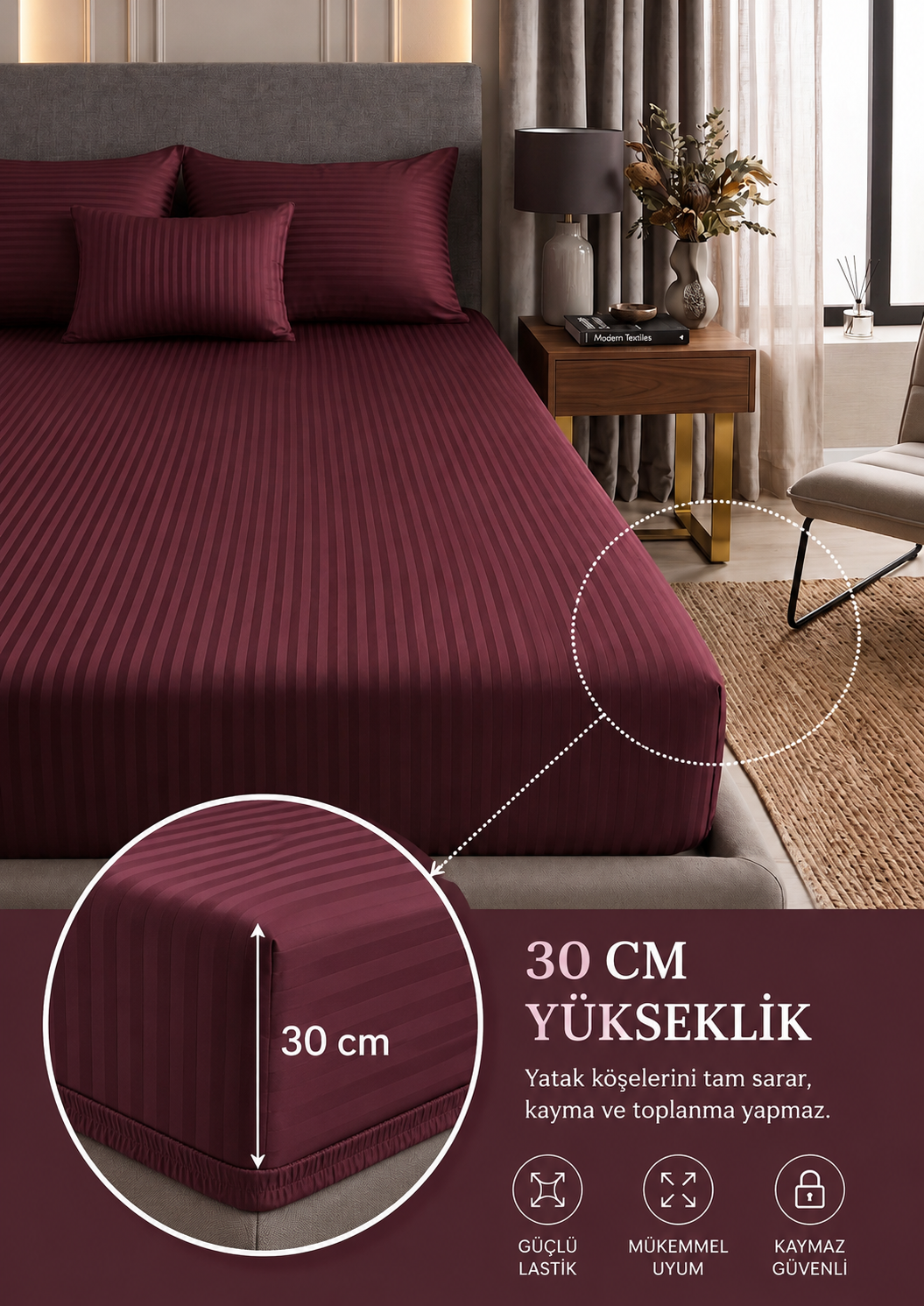 Premium Pamuklu Saten Çift Kişilik Lastikli Çarşaf + 2 Adet Yastık Kılıfı Seti Bordo