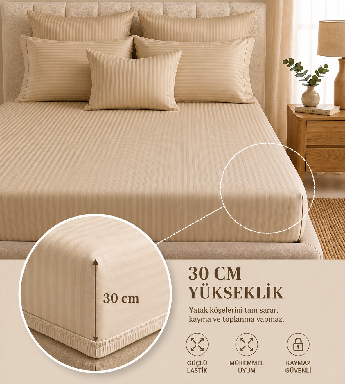 Premium Saten Pamuklu  Çift Kişilik Lastikli Çarşaf + 2 Adet Yastık Kılıfı Seti Bej