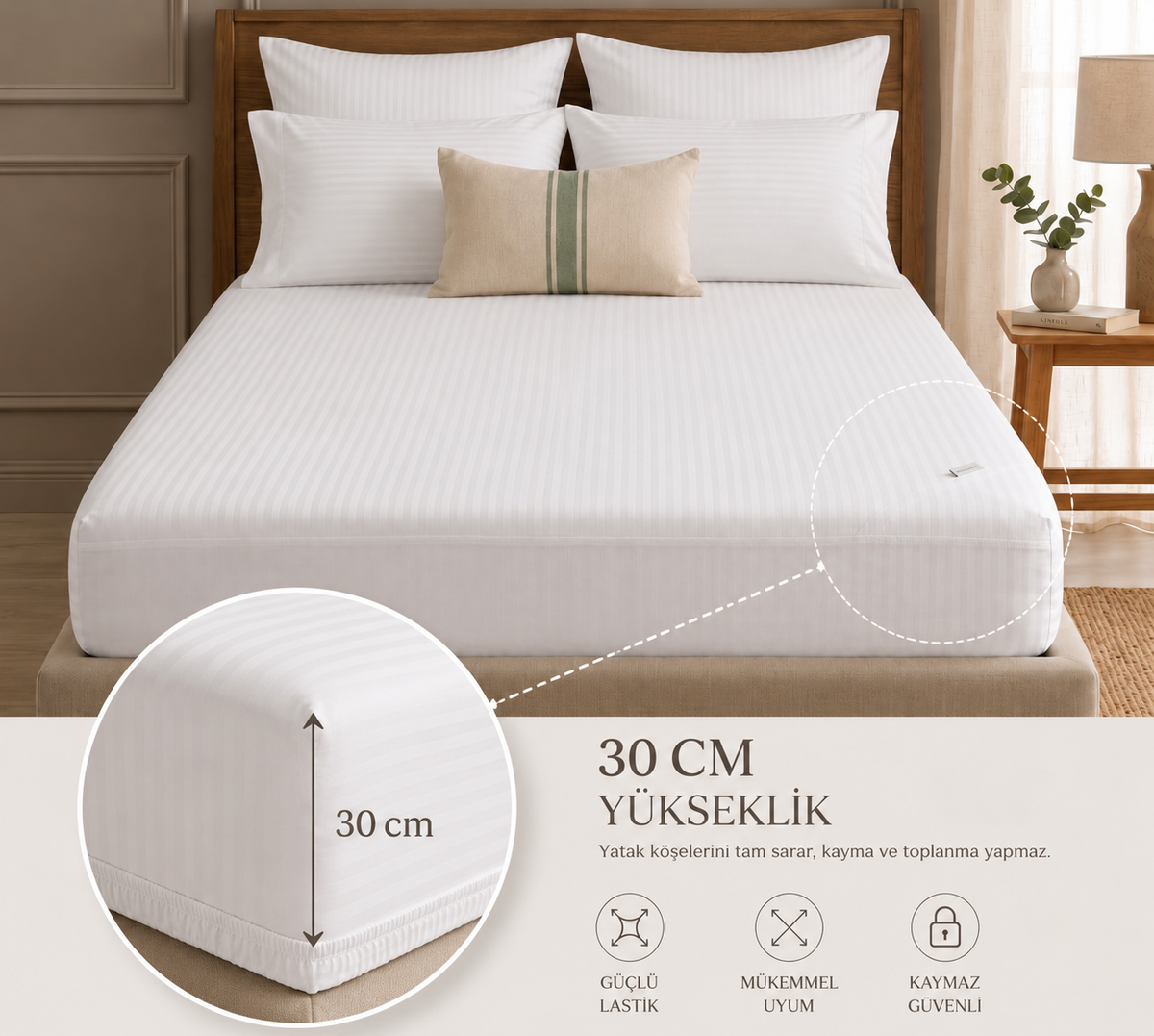 Premium Saten Pamuklu  Çift Kişilik Lastikli Çarşaf + 2Adet Yastık Kılıfı Seti Beyaz
