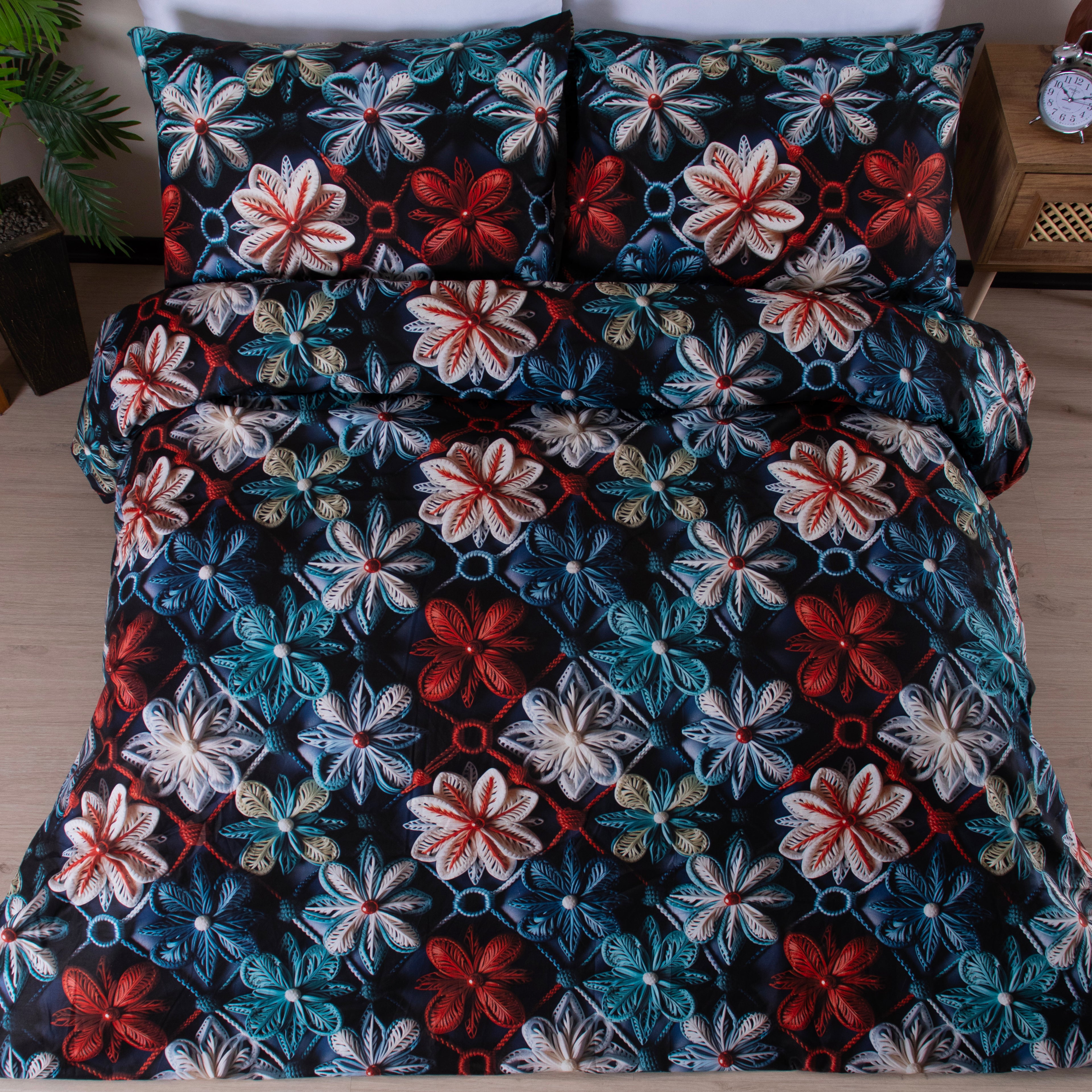 Çift Kişilik %100 Pamuklu 5 Boyutlu Nevresim Takımı Lastikli Çarşaflı