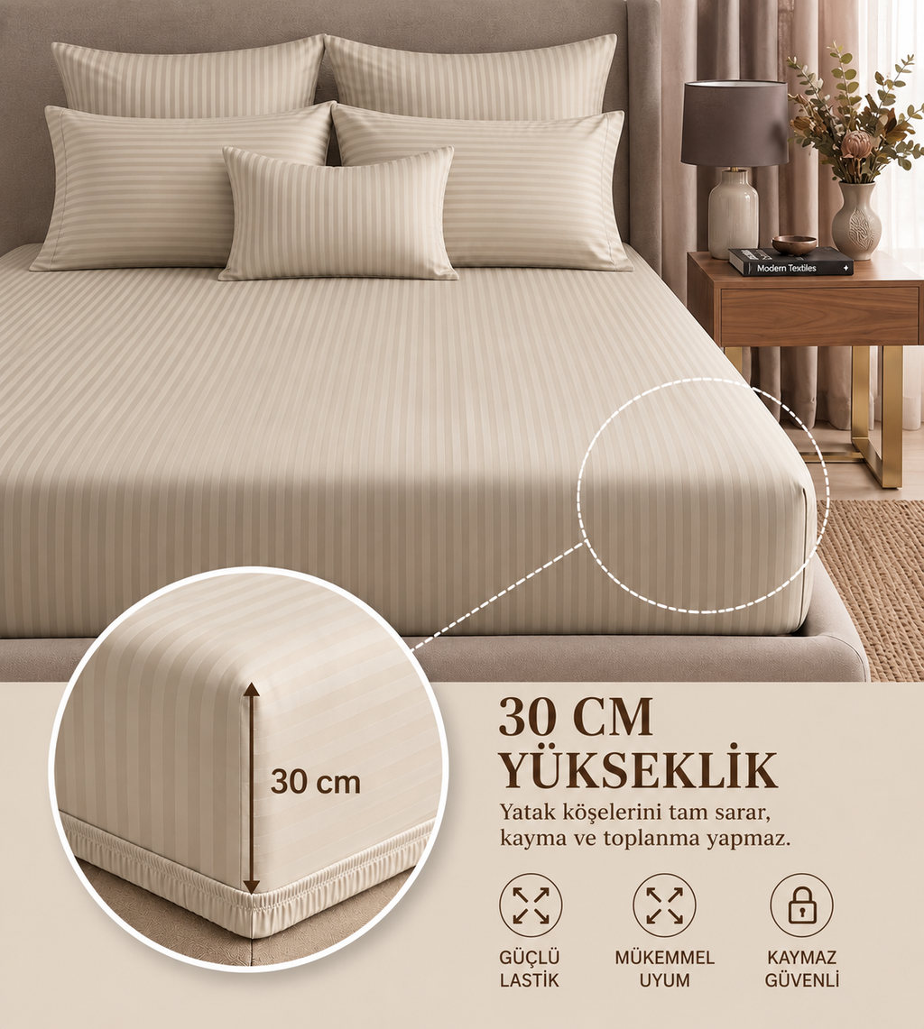 Premium Özel Renk Pamuklu Saten Çift Kişilik Lastikli Çarşaflı Nevresim Takımı –  Taş Rengi Yumuşak Dokulu (Yastık Kılıfı 2 Adet)
