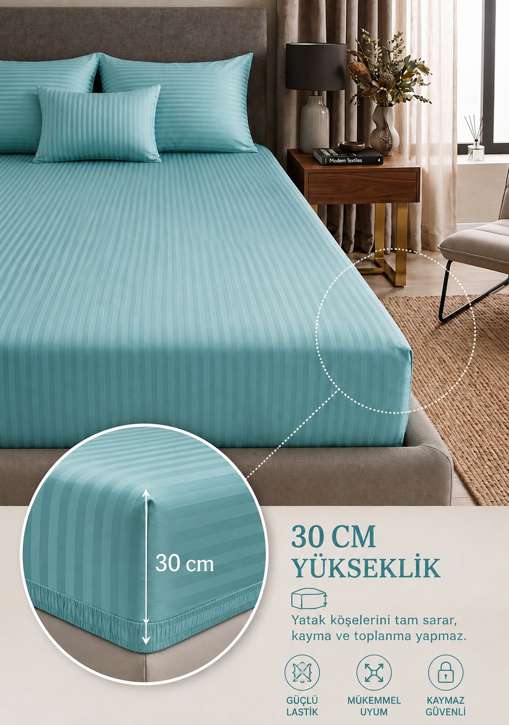 Premium Saten Pamuklu  Çift Kişilik Lastikli Çarşaf + 2 Adet Yastık Kılıfı Seti