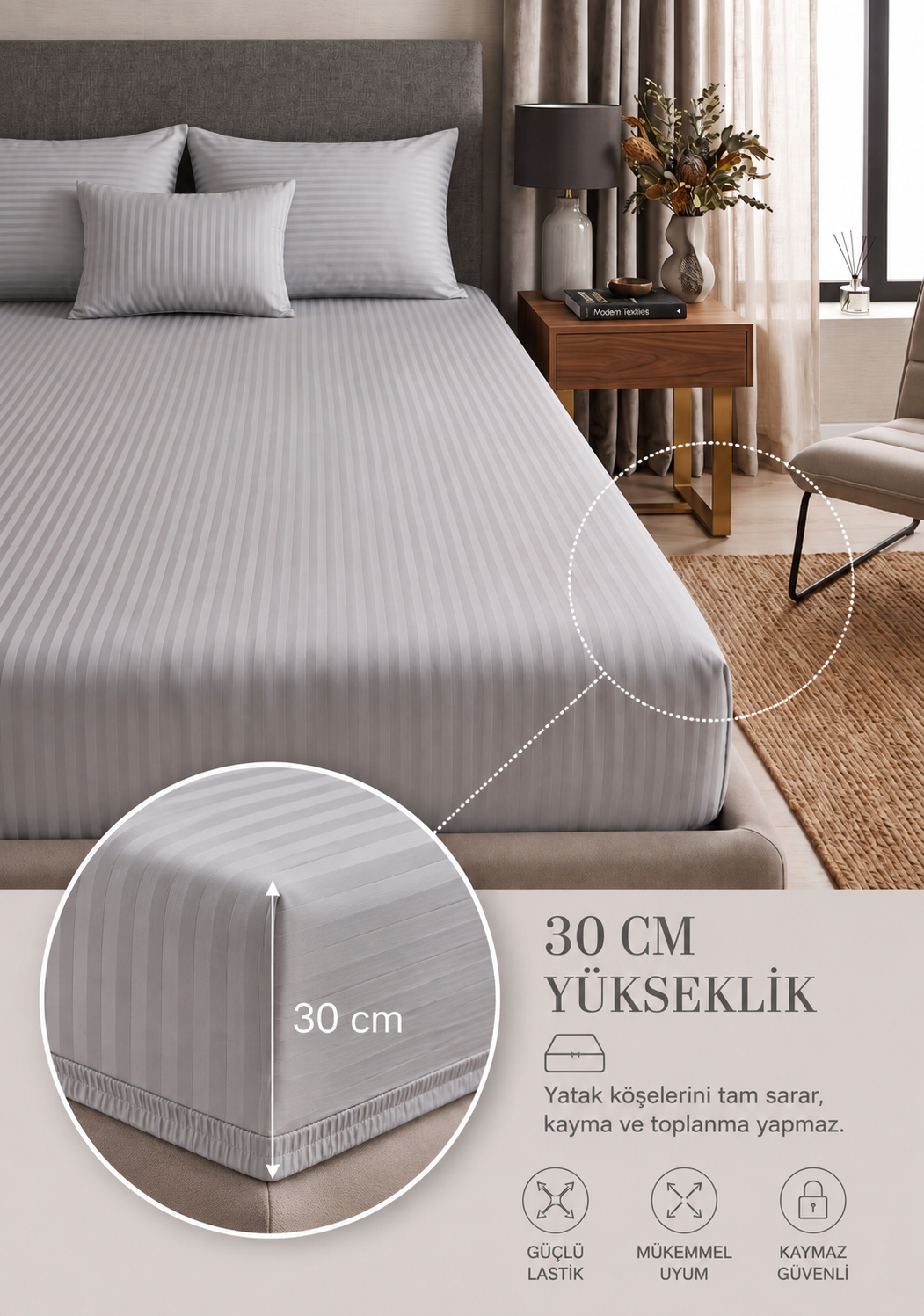 Premium Saten Pamuklu  Çift Kişilik Lastikli Çarşaf + 2 Adet Yastık Kılıfı Seti Gri