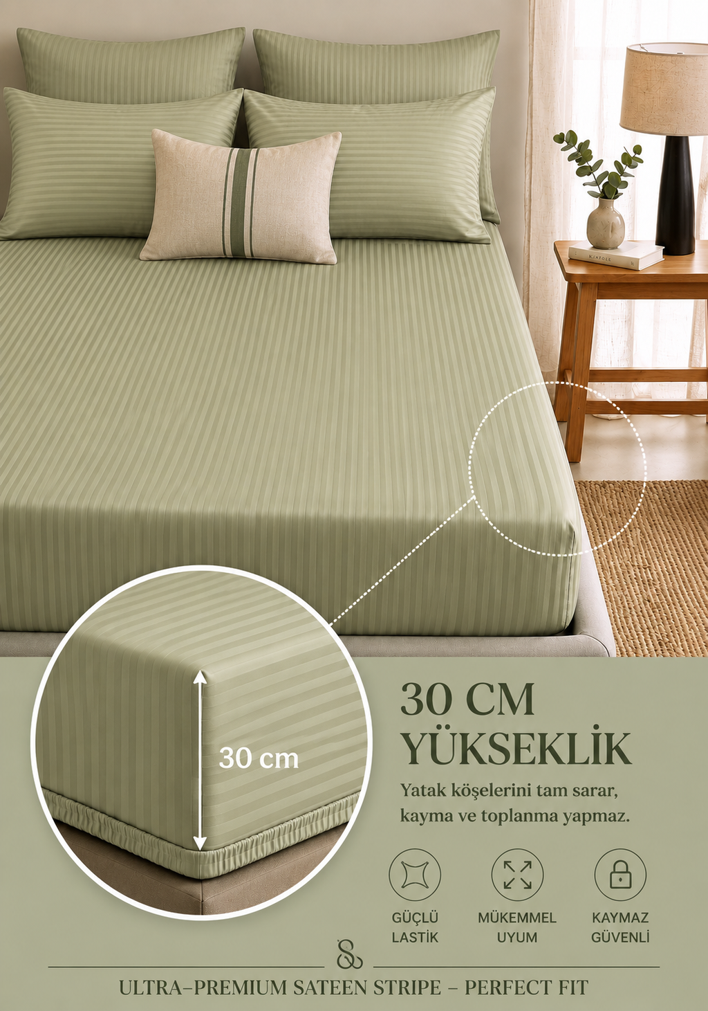 Premium Saten Pamuklu  Çift Kişilik Lastikli Çarşaf + 2 Adet Yastık Kılıfı Seti