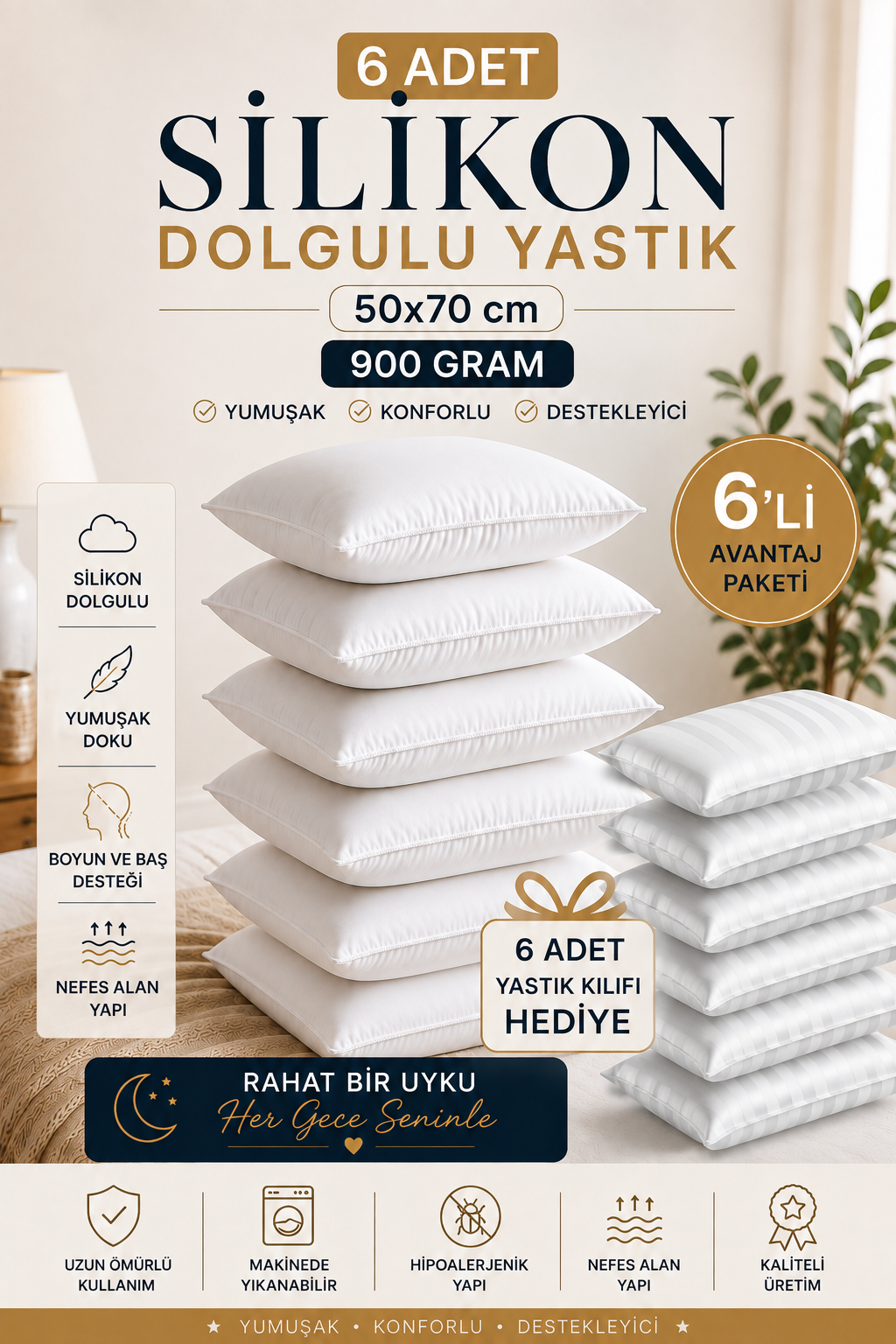 6’LI SİLİKON DOLGULU YASTIK + 6 ADET SATEN YASTIK KILIFI HEDİYE