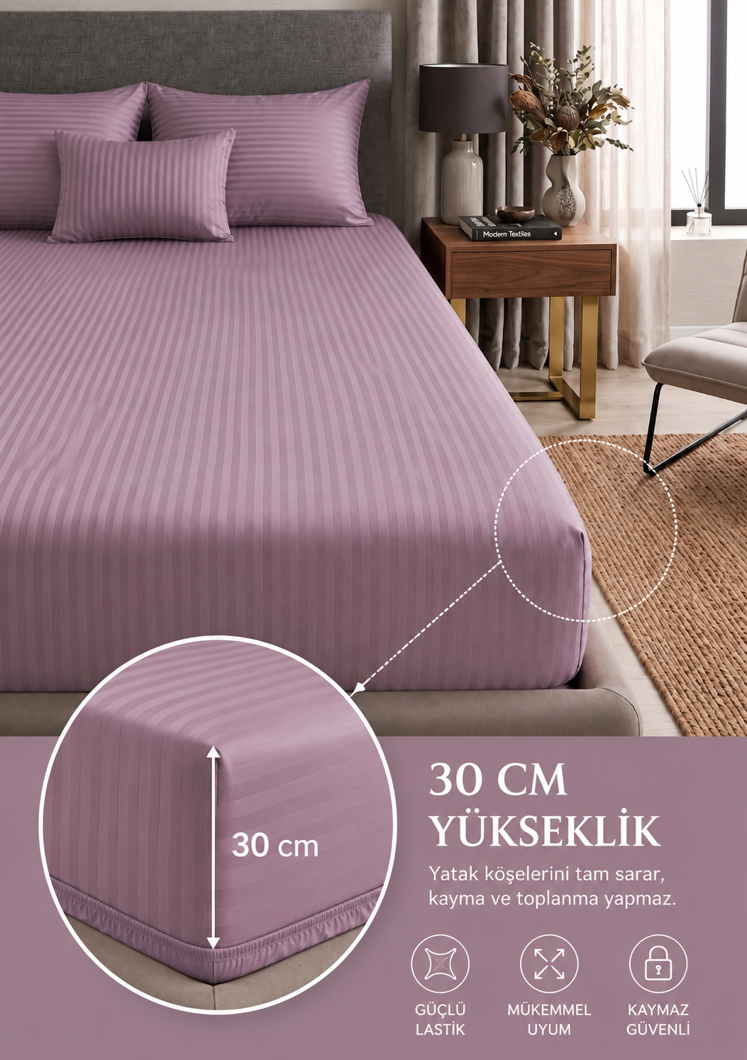 Premium Saten Pamuklu  Çift Kişilik Lastikli Çarşaf + 2 Adet Yastık Kılıfı Seti Mürdüm