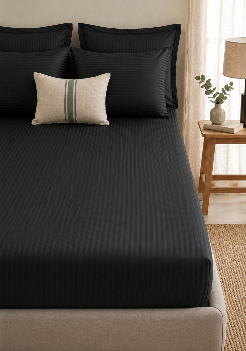 Premium Saten Pamuklu  Çift Kişilik Lastikli Çarşaf + 2 Adet Yastık Kılıfı Seti Siyah