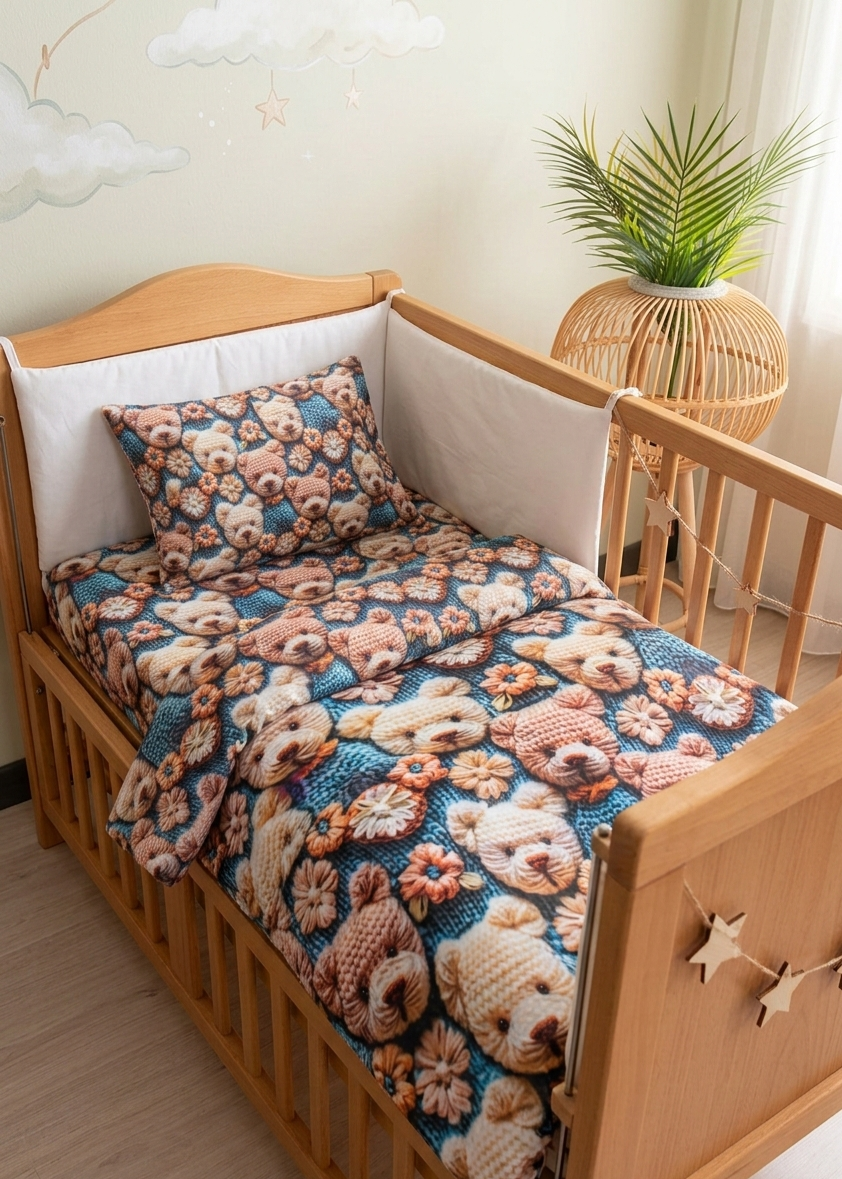 %100 Pamuk 5 Parça Bebek Nevresim Takımı – Sevimli Ayıcık Desen